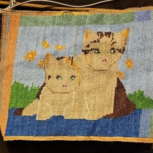 VINTAGE NEEDLEPOINT Cats Kittens 1970s Homemade Decor Baby Room Toddler Kids